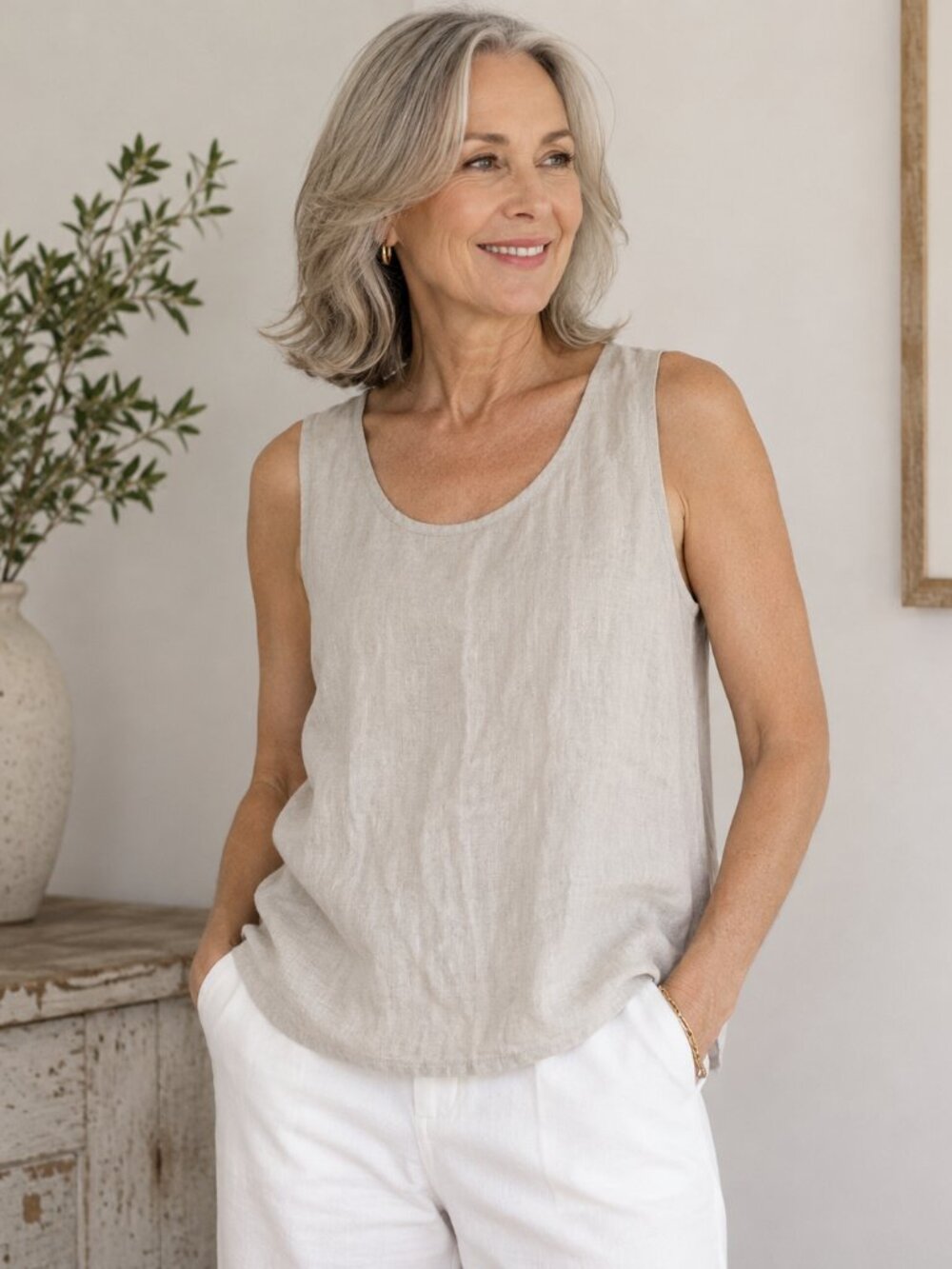 Flax Linen Sleeveless Top Tan Lightweight Flowy Minimalist Sz Large